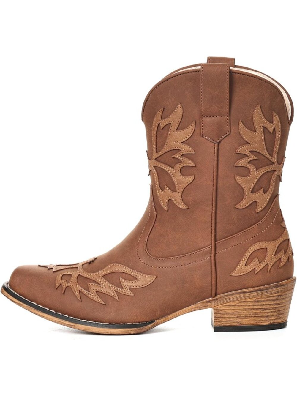 Women's Brown Ankle Cowgirl Boots Embroidered Wide Fashion Low Chunky Heel